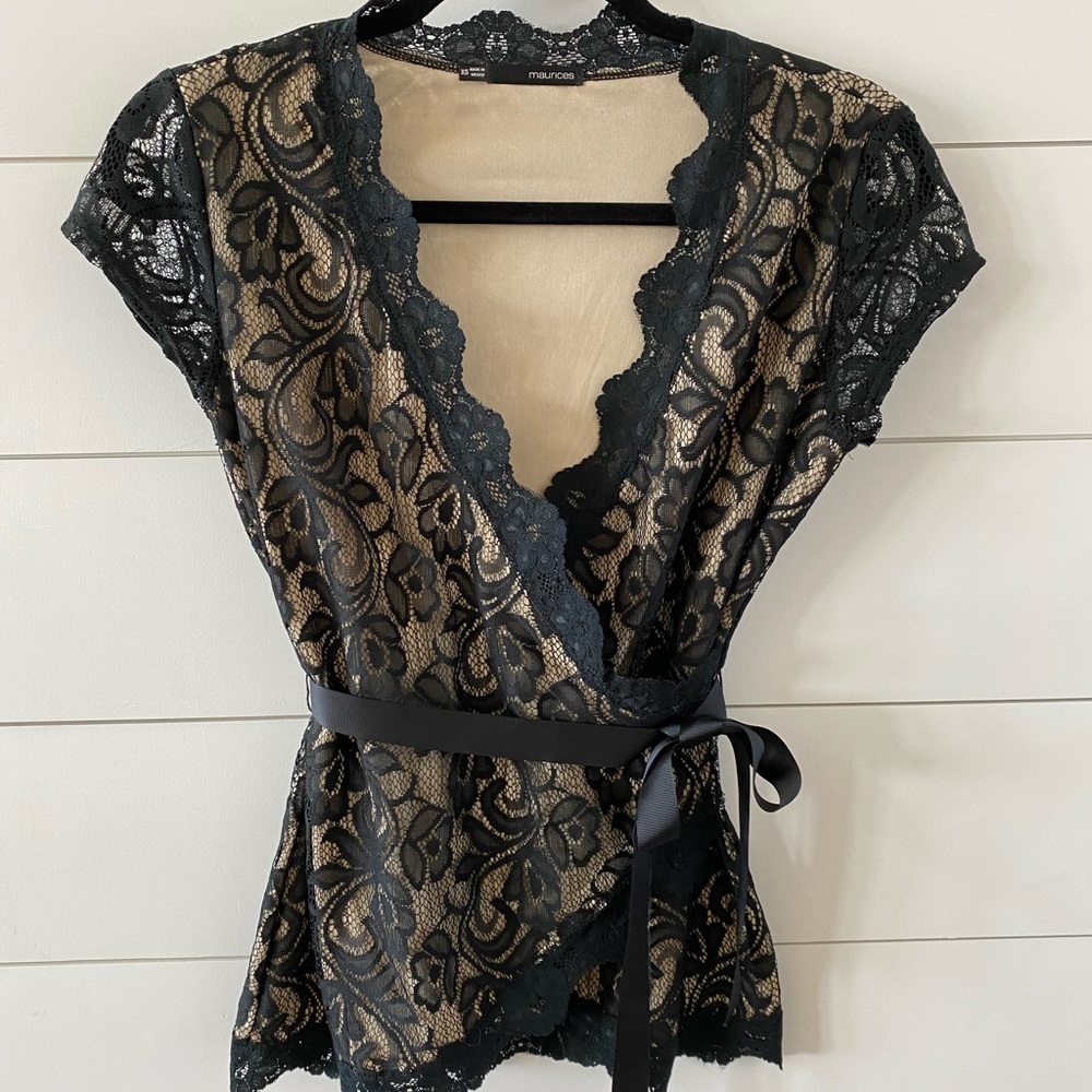 Maurices, size extra small, black lace, faux wrap blouse